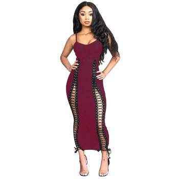 Echoine Spaghetti Strap Evening Party Long Dress Sexy Lady Night Club Dress Knitted Ribbed Vestidos Grommet Bandage Dresses